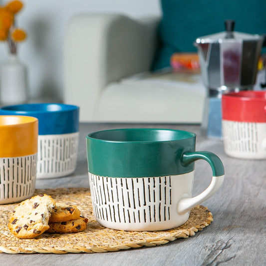 450ml Green Colour Block Dash Stoneware Coffee Mugs - Pack of Six