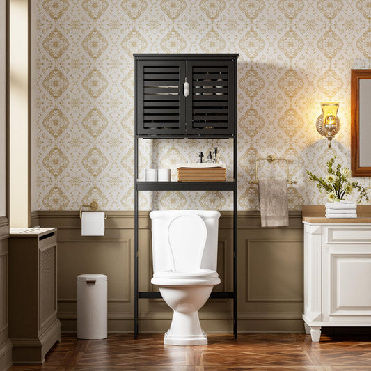 SMIBUY Bathroom Storage Shelf with Cabinet, Bamboo Over-The-Toilet Organizer Rack, Freestanding Toilet Space Saver with 3-Tier Adjustable Shelves