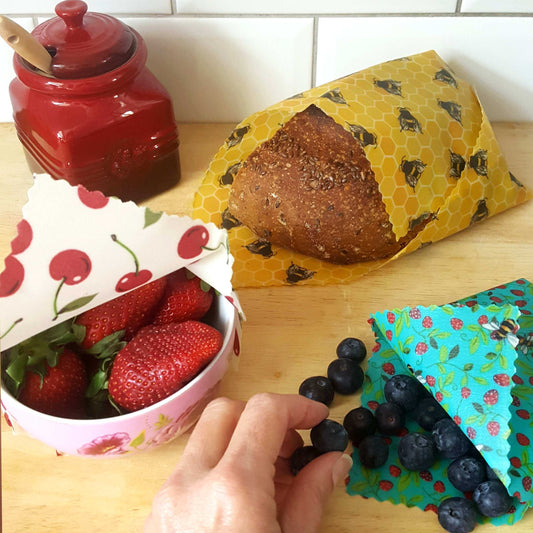Set of 3 Handmade Beeswax Wraps | Bees & Cherries