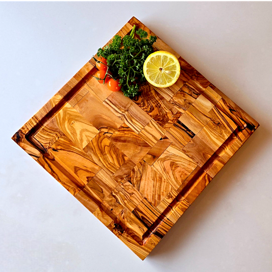 Square End Grain Olive Wood Cutting Board W/ Drip Catcher Groove | 25 | 30 | 35cm