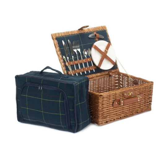 Blue Tweed Fitted Wicker Picnic Basket-1
