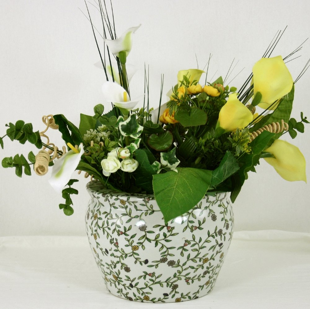 Ceramic Planter, Vintage Green & White Floral Design-2
