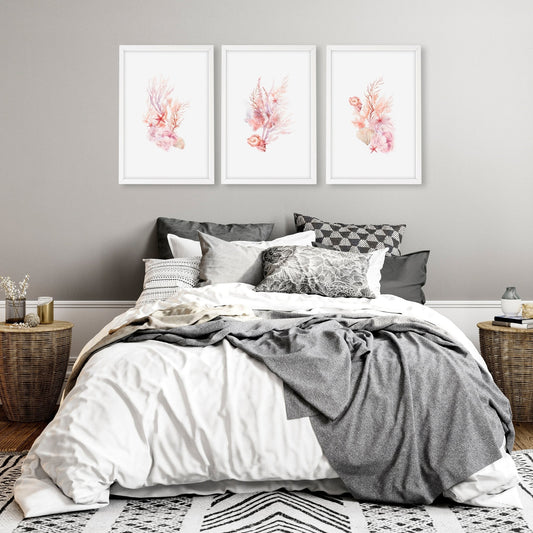 Large Coastal Wall Art | Set of 3 Seashells Wall art Prints