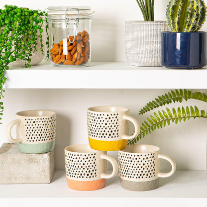 385ml Colour Block Spot Portuguese Stoneware Coffee Mugs - 4 Colours