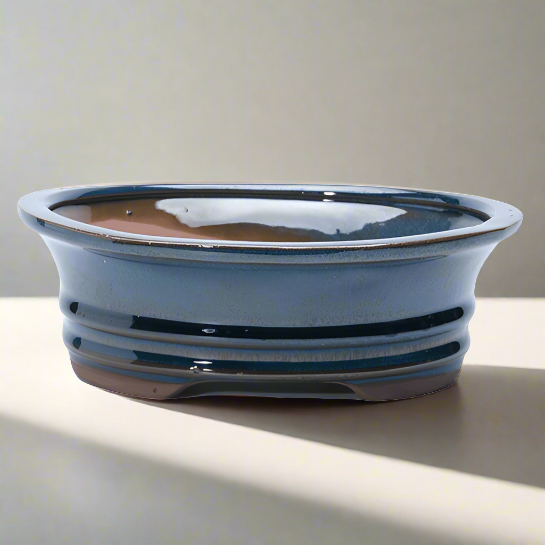 18cm Glazed Bonsai Pot | Oval | 18cm x 14cm x 4cm | Blue