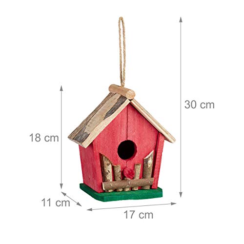 Relaxdays Bird House, Wooden Nesting Box, Decorative Shelter, H x W x D: 18 x 17 x 11 cm, Wood, Red