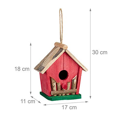 Relaxdays Bird House, Wooden Nesting Box, Decorative Shelter, H x W x D: 18 x 17 x 11 cm, Wood, Red