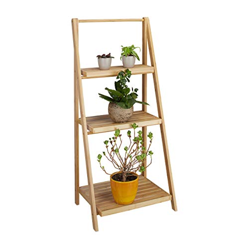 Relaxdays Flower Stand, 3 Shelves, Bamboo, Foldable, Ladder Shelf, Plant Pedestal, HxWxD: 99 x 45 x 32 cm, Wood, Natural Brown