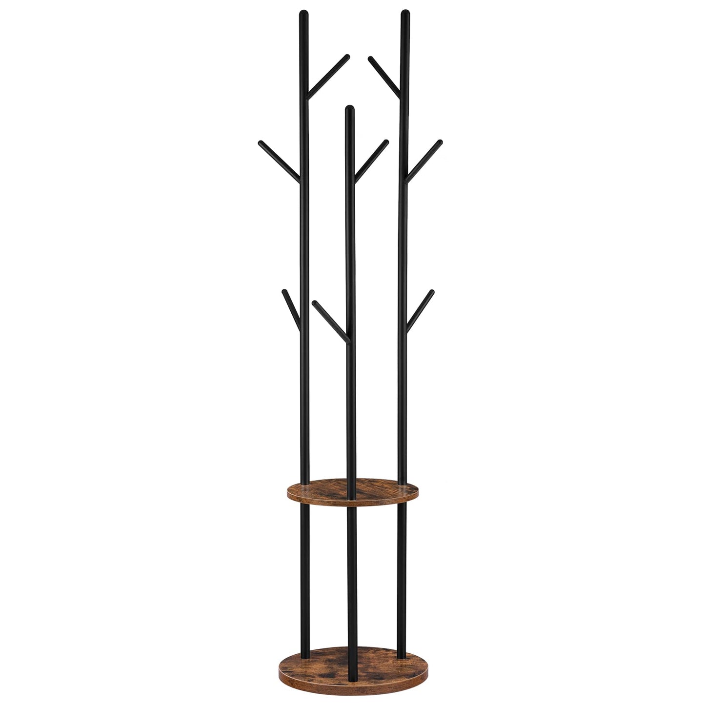 HOOBRO Coat Stand, Coat Rack for Hallway, Freestanding Coat Rack Stand with 8 Hooks, Storage Shelves, Hall Trees for Clothes, Rustic Brown EBF33YM01