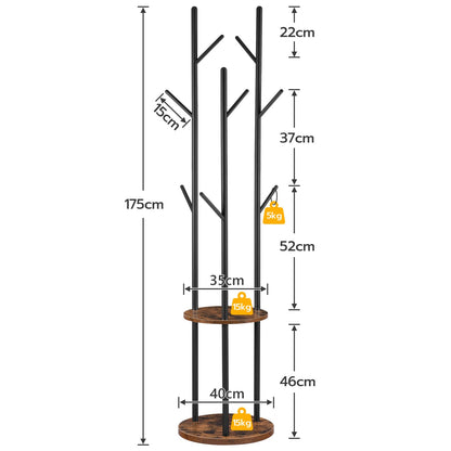 HOOBRO Coat Stand, Coat Rack for Hallway, Freestanding Coat Rack Stand with 8 Hooks, Storage Shelves, Hall Trees for Clothes, Rustic Brown EBF33YM01