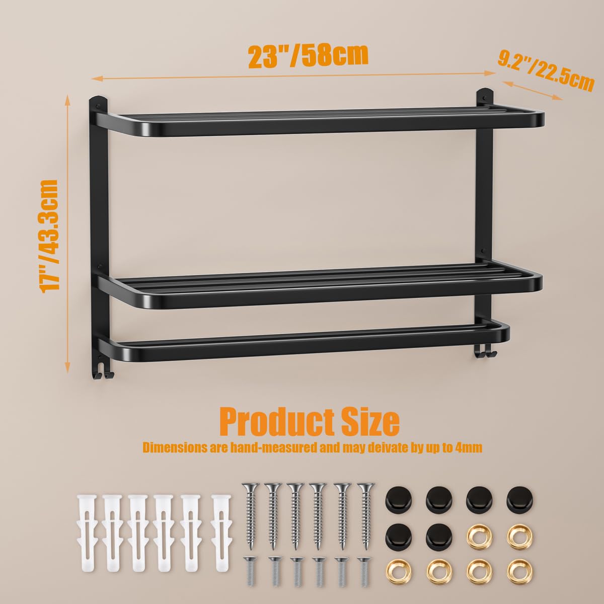 DDS-DUDES 3-Tier Black Towel Racks for Bathroom with Towel Bars Multilayer Hotel Towel Shelf Stainless Steel Wall-Mounted Matte Finished Holder with