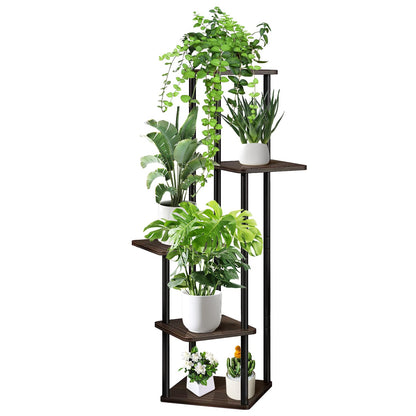 VASZOLA 5 Tier Wood Tall Plant Stand, Metal Rack with Multiple Flower Pot Holder Shelves, Planter Shelf Display Rack Storage Organizer for Balcony
