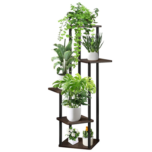 VASZOLA 5 Tier Wood Tall Plant Stand, Metal Rack with Multiple Flower Pot Holder Shelves, Planter Shelf Display Rack Storage Organizer for Balcony