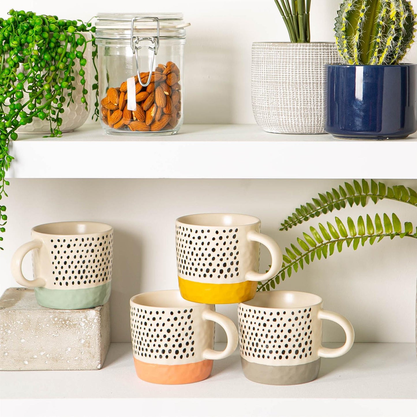 385ml Grey Colour Block Spot Portuguese Stoneware Coffee Mugs - Pack of Six