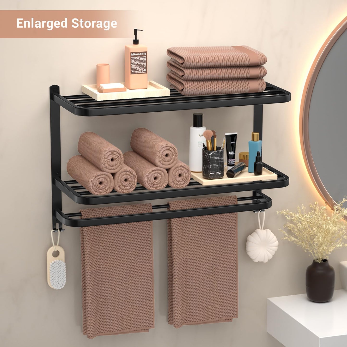 DDS-DUDES 3-Tier Black Towel Racks for Bathroom with Towel Bars Multilayer Hotel Towel Shelf Stainless Steel Wall-Mounted Matte Finished Holder with