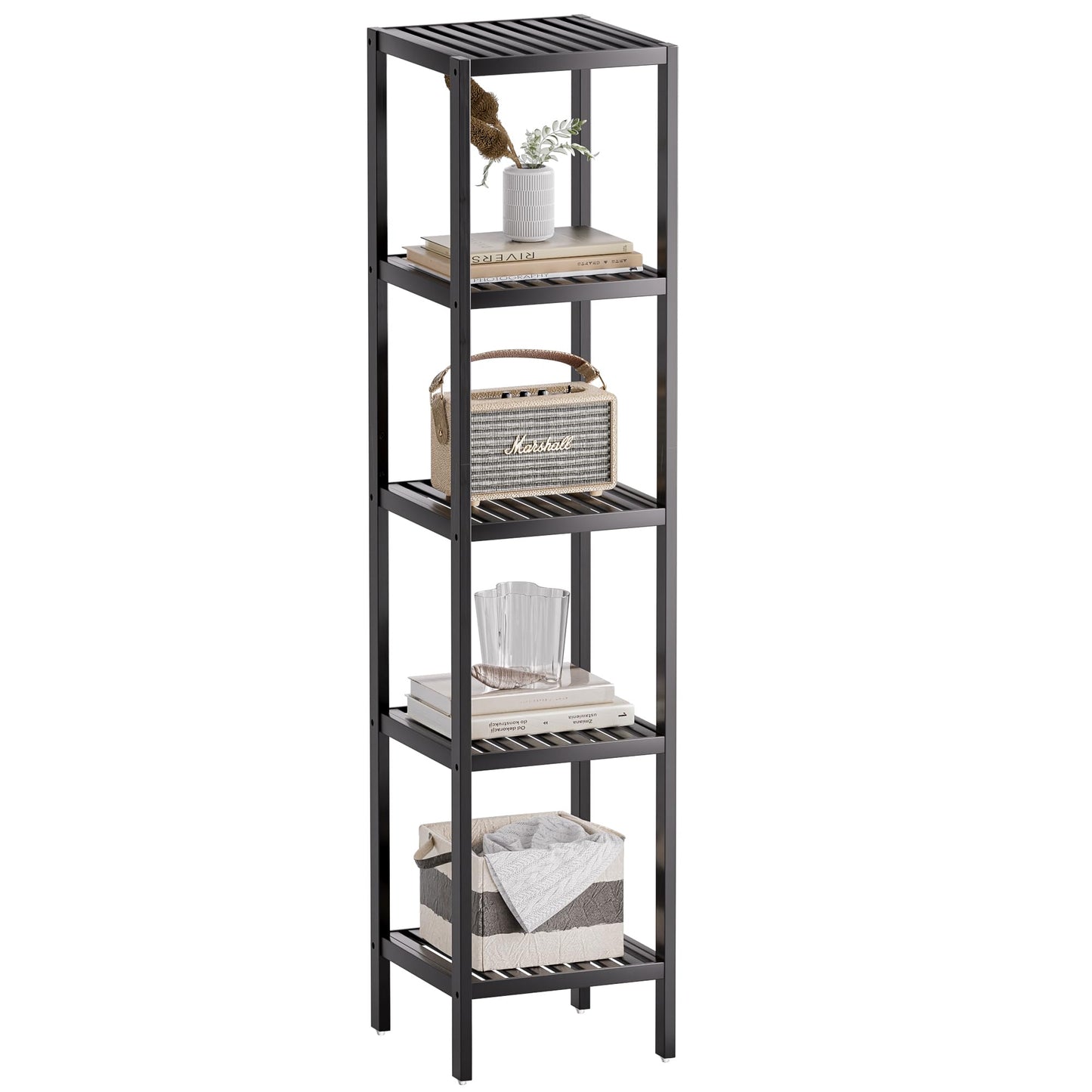 SMIBUY Bathroom Storage Shelf, 5-Tier Bamboo Rack Organizer, Multifunctional Shelving Unit for Living Room Bedroom Kitchen (Black)
