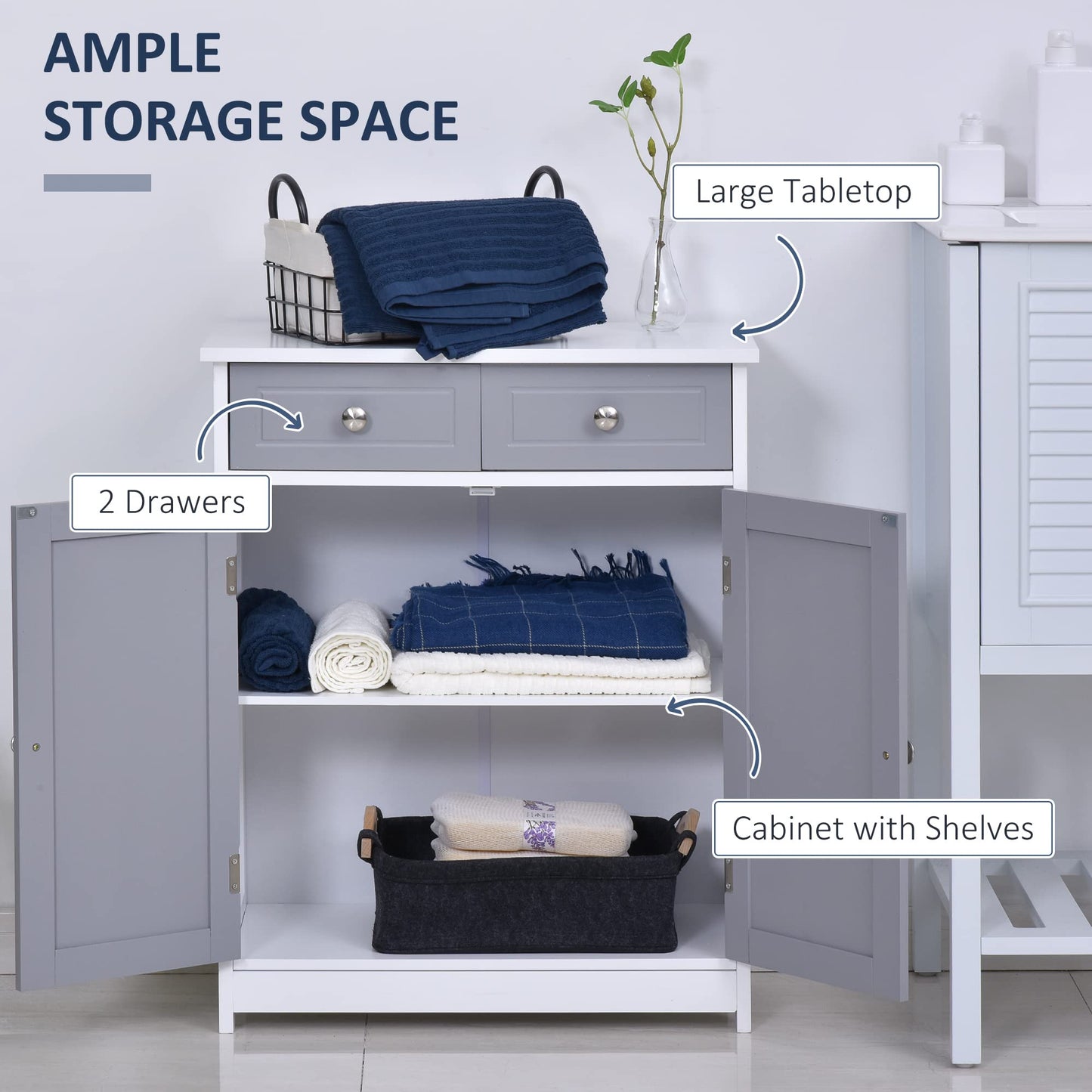 kleankin 75x60cm Freestanding Bathroom Storage Cabinet Unit w/ 2 Drawers Cupboard Adjustable Shelf Metal Handles Traditional Style Grey White