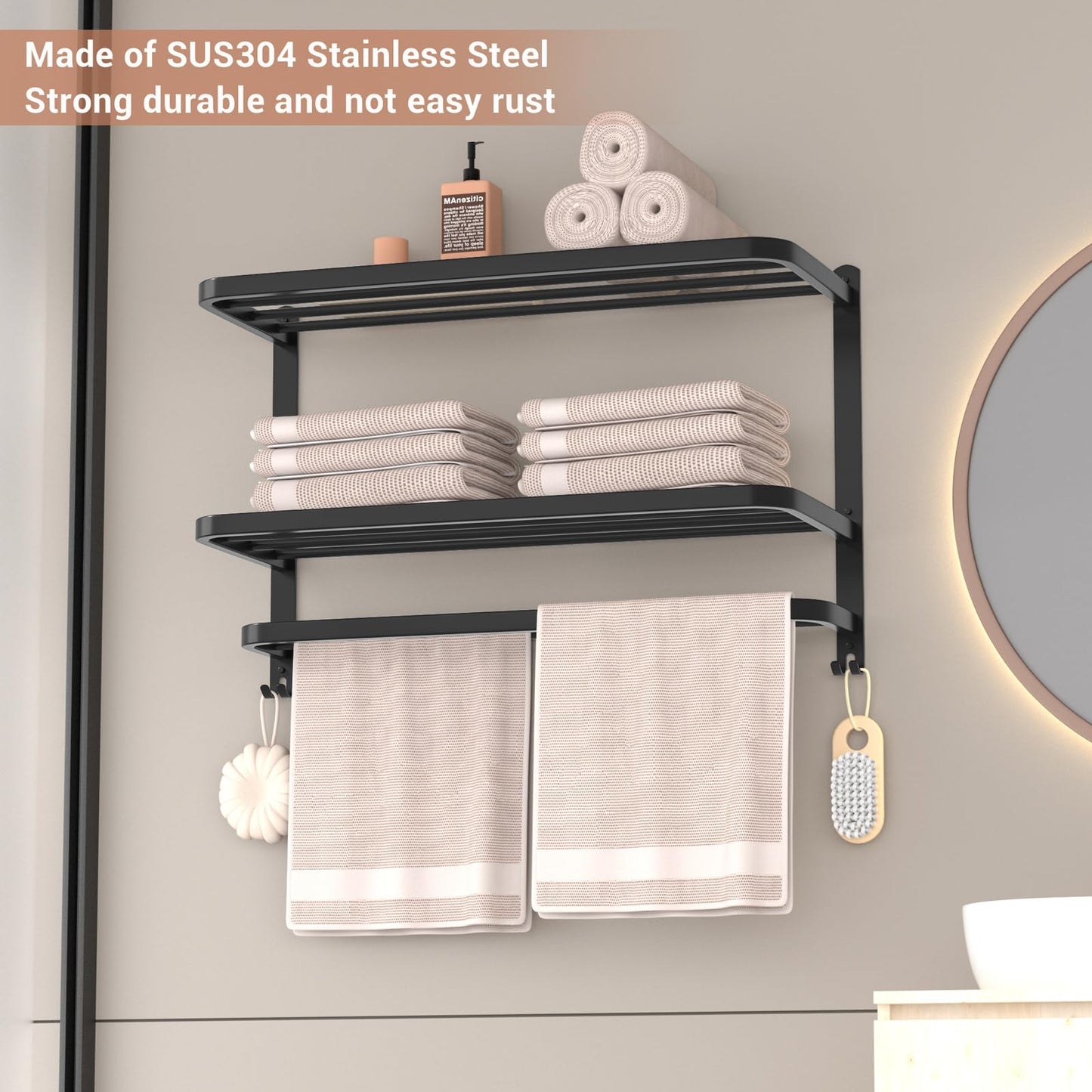 DDS-DUDES 3-Tier Black Towel Racks for Bathroom with Towel Bars Multilayer Hotel Towel Shelf Stainless Steel Wall-Mounted Matte Finished Holder with