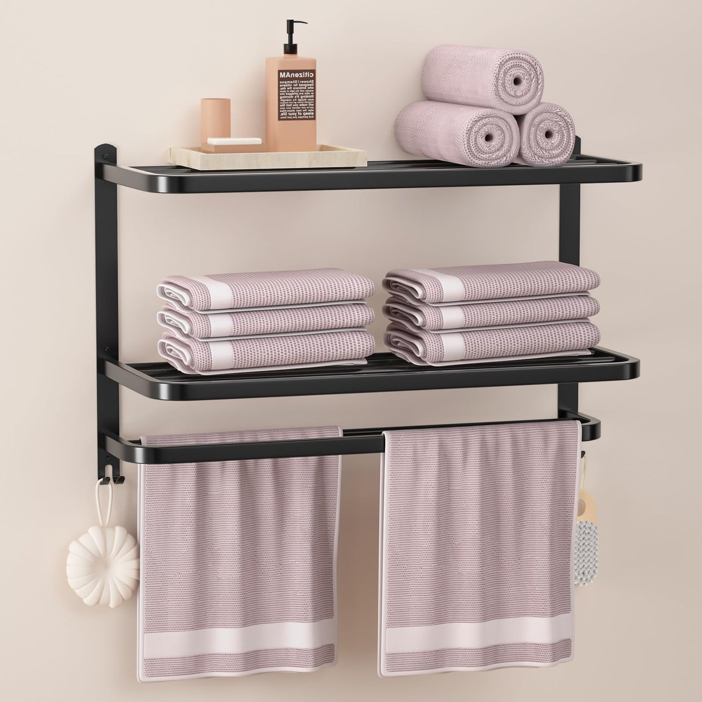 DDS-DUDES 3-Tier Black Towel Racks for Bathroom with Towel Bars Multilayer Hotel Towel Shelf Stainless Steel Wall-Mounted Matte Finished Holder with