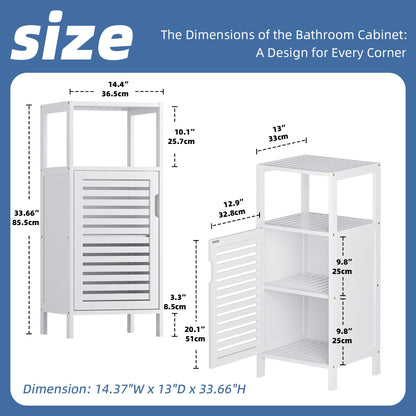 HITNET Bamboo Bathroom Storage Cabinet, 4 Tier Small White Floor Cabinet, Freestanding Narrow Slim Storage Organizer with Single Door