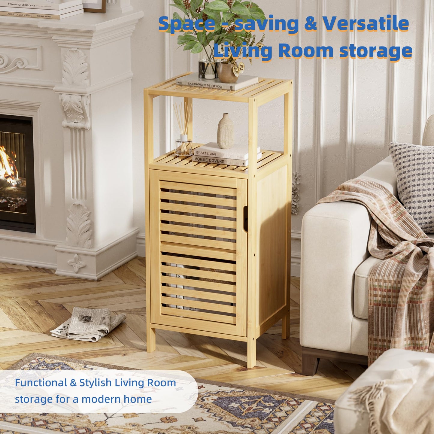 HITNET Bathroom Cabinet Freestanding, Small Bamboo Floor Cabinet, Sofa Side Table Storage Organizer, Space Saving Kitchen Cupboard for Bedroom Living