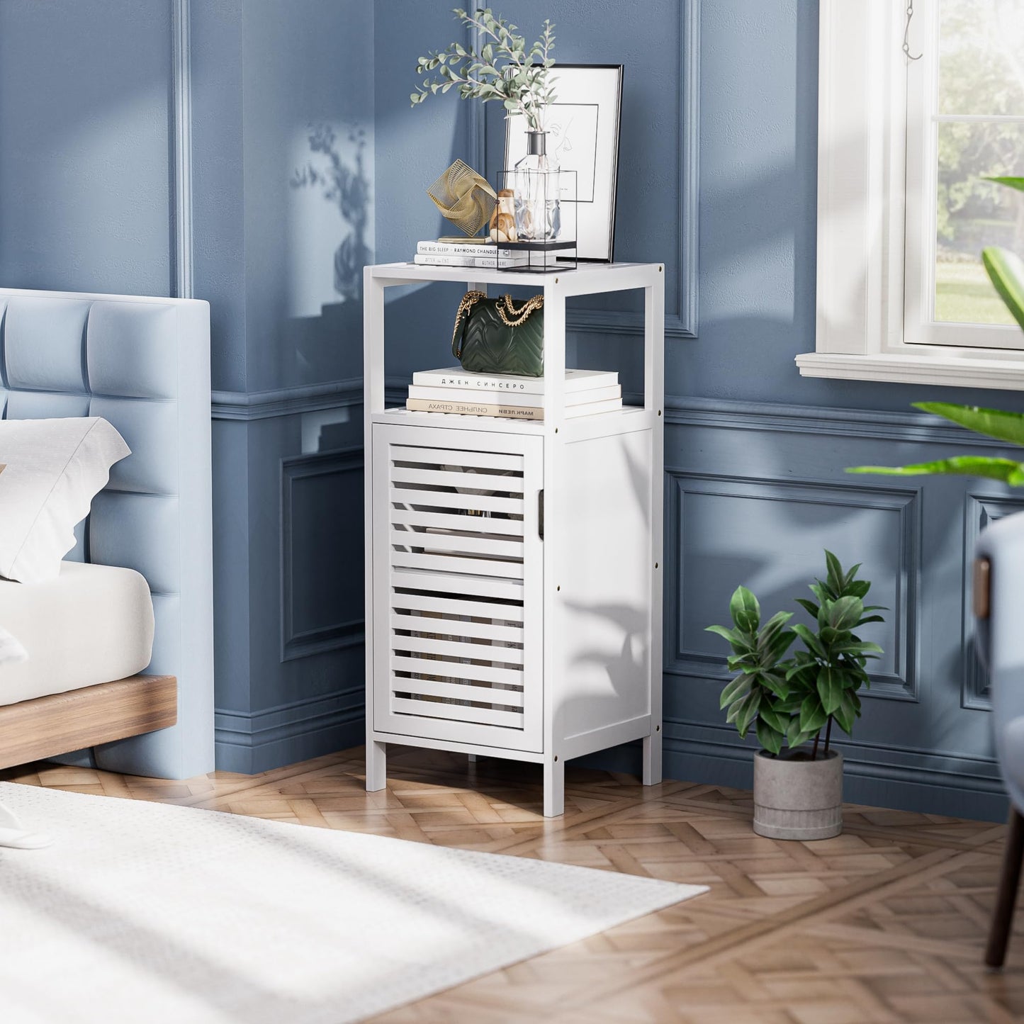 HITNET Bamboo Bathroom Storage Cabinet, 4 Tier Small White Floor Cabinet, Freestanding Narrow Slim Storage Organizer with Single Door