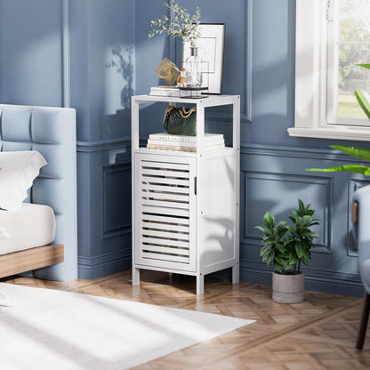 HITNET Bamboo Bathroom Storage Cabinet, 4 Tier Small White Floor Cabinet, Freestanding Narrow Slim Storage Organizer with Single Door