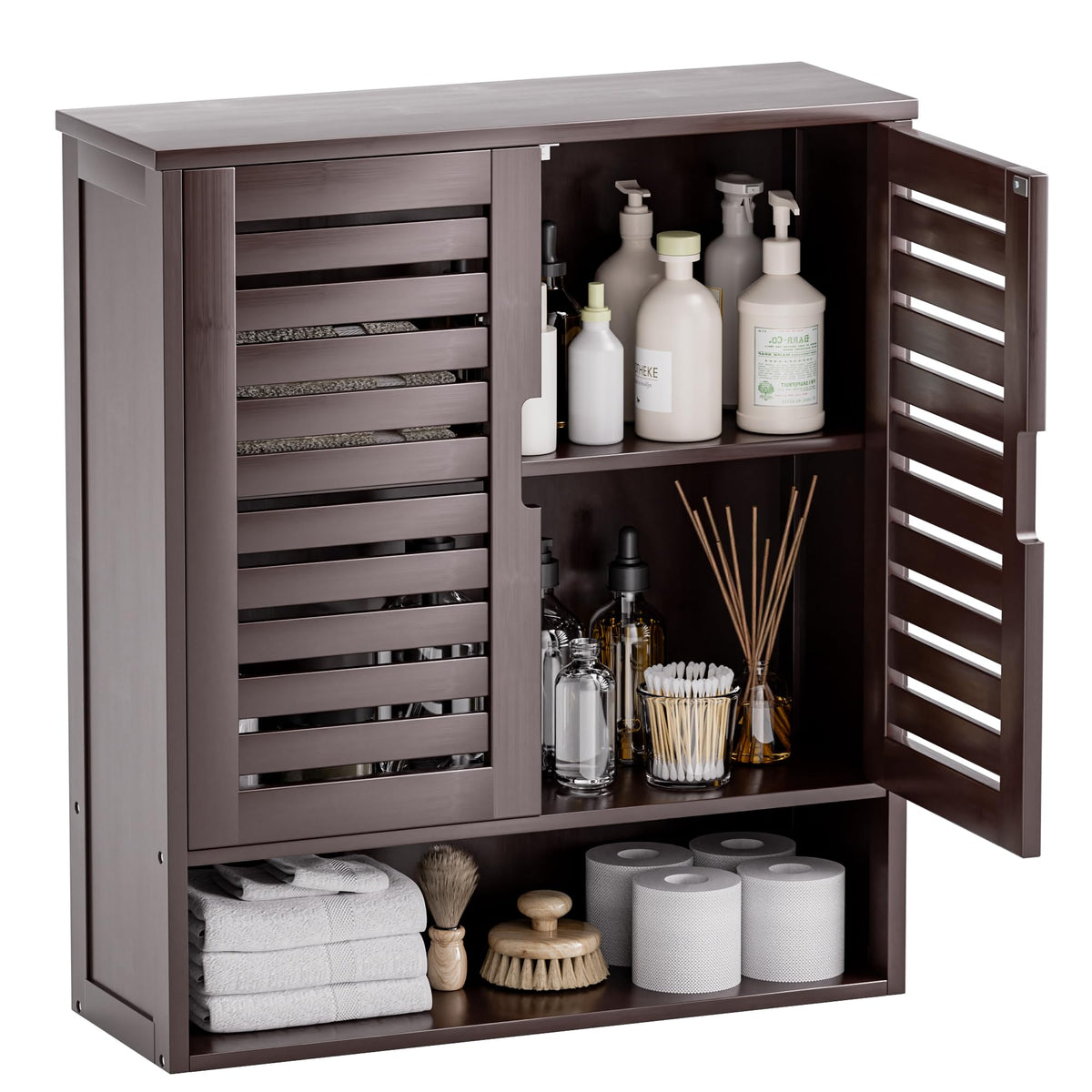 SMIBUY Bathroom Cabinet Wall Mounted, Bamboo Over-The-Toilet Storage Organizer, Space Saver Medicine Cabinet with 2 Door and Adjustable Shelves