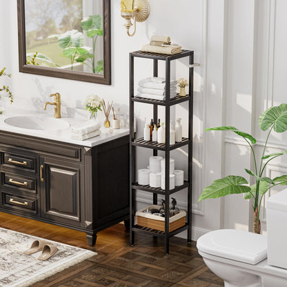 SMIBUY Bathroom Storage Shelf, 5-Tier Bamboo Rack Organizer, Multifunctional Shelving Unit for Living Room Bedroom Kitchen (Black)