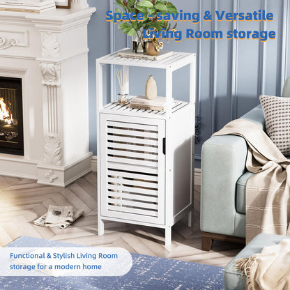 HITNET Bamboo Bathroom Storage Cabinet, 4 Tier Small White Floor Cabinet, Freestanding Narrow Slim Storage Organizer with Single Door