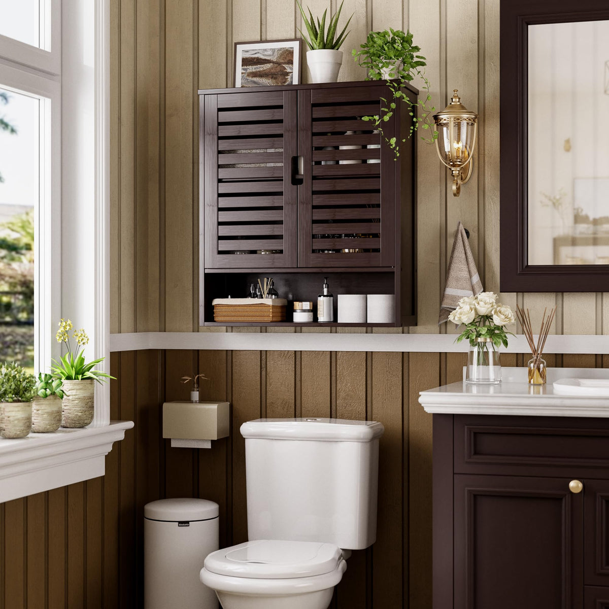 SMIBUY Bathroom Cabinet Wall Mounted, Bamboo Over-The-Toilet Storage Organizer, Space Saver Medicine Cabinet with 2 Door and Adjustable Shelves