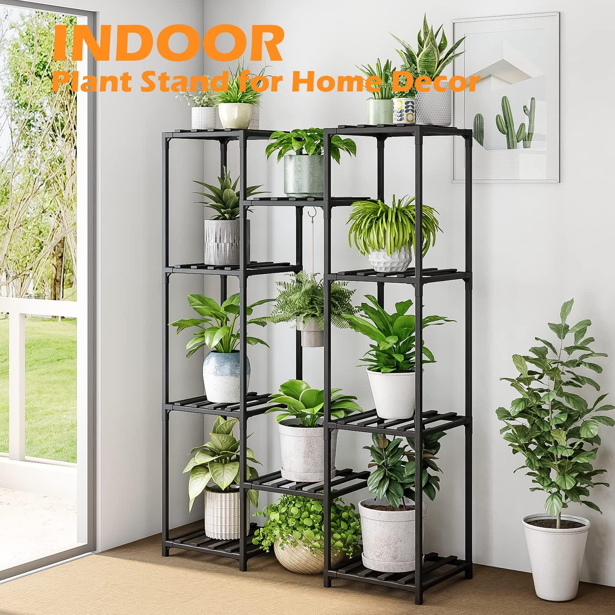 Bamworld Plant Stand Indoor Outdoor Wood Tall Flower Shelf Tiered Plant Stands for Multiple Plants Large Planter Holder Hanging Shelves Rack for