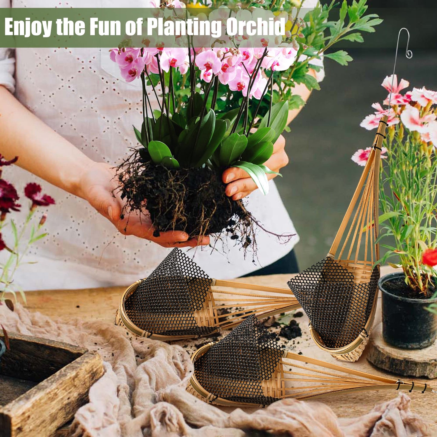 Lanccona Orchid Hanging Planter 5 Inch 6 Pack with Bird Nest Style Plant Hangers, Handmade Thai Bamboo Woven Hanging Orchid Basket for Trellis Gazebo