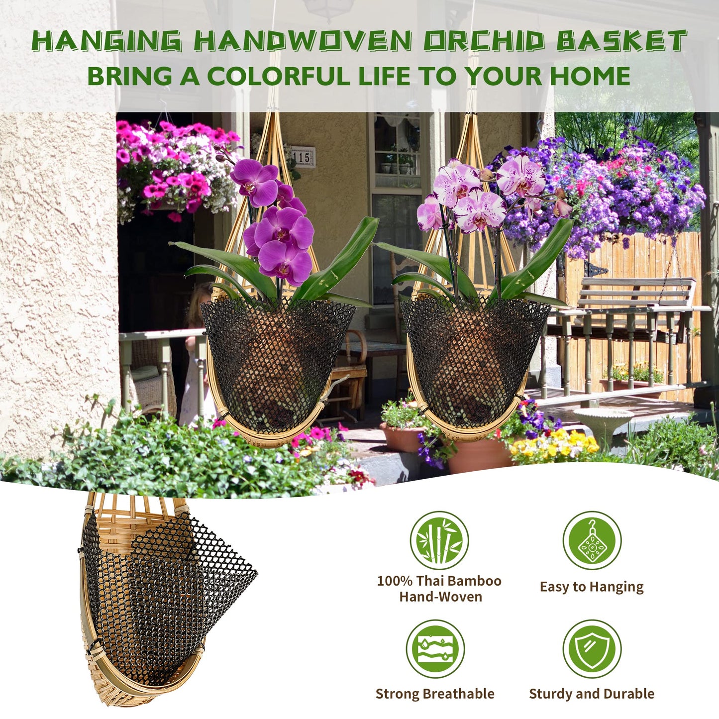 Lanccona Orchid Hanging Planter 5 Inch 6 Pack with Bird Nest Style Plant Hangers, Handmade Thai Bamboo Woven Hanging Orchid Basket for Trellis Gazebo