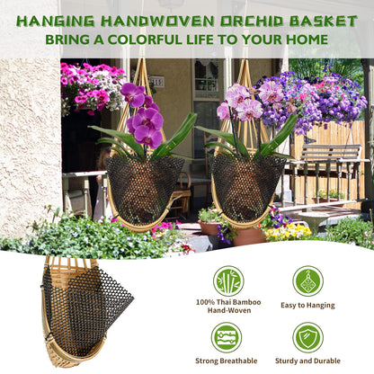 Lanccona Orchid Hanging Planter 5 Inch 6 Pack with Bird Nest Style Plant Hangers, Handmade Thai Bamboo Woven Hanging Orchid Basket for Trellis Gazebo