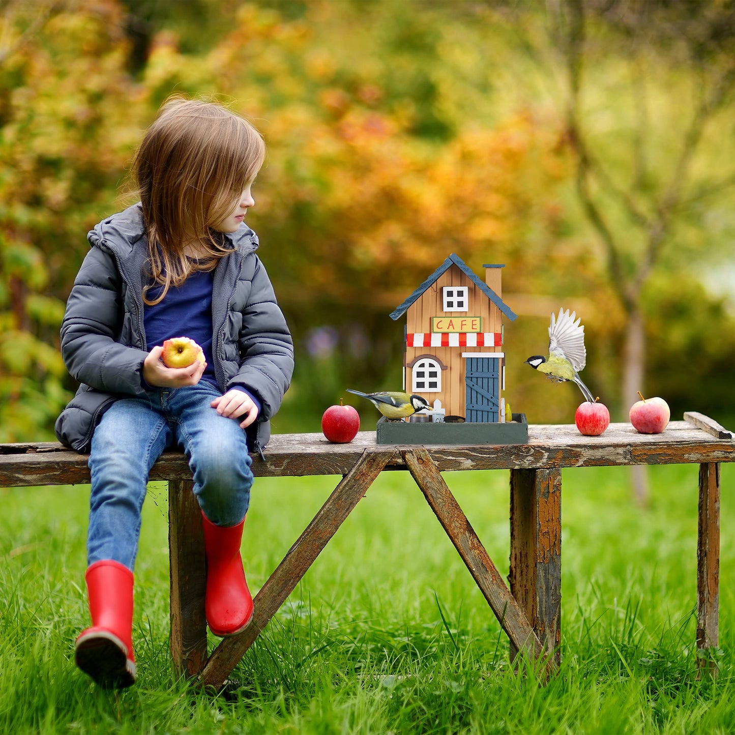 Relaxdays House, Feeding Station for Wild, Hang up, 18x18x23.5cm, Bird Feeder Made of Wood, Colourful, 23.5 x 18 x 18 cm