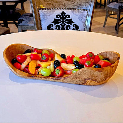 Olive Wood Handcrafted Flat Wooden Fruit Bowl Display Basket