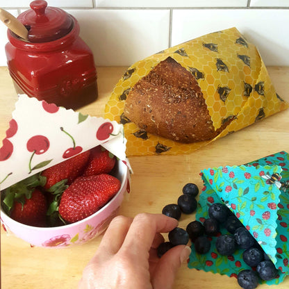 Set of 3 Handmade Beeswax Wraps | Bees & Cherries