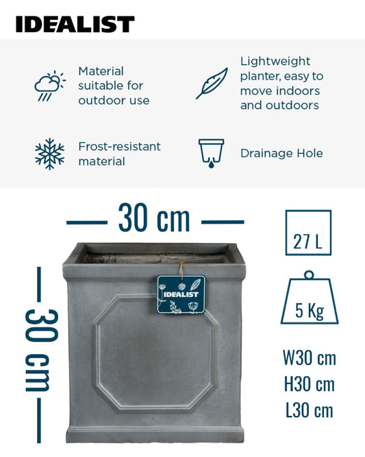 IDEALIST Lite Chelsea Flower Box Square Garden Planter, Faux Lead Light Stone Outdoor Plant Pot W30 H30 L30 cm, 27L