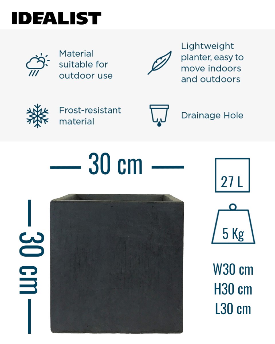 IDEALIST Lite Contemporary Flower Box Square Garden Planter, Light Concrete Outdoor Plant Pot H30 L30 W30 cm, 27L