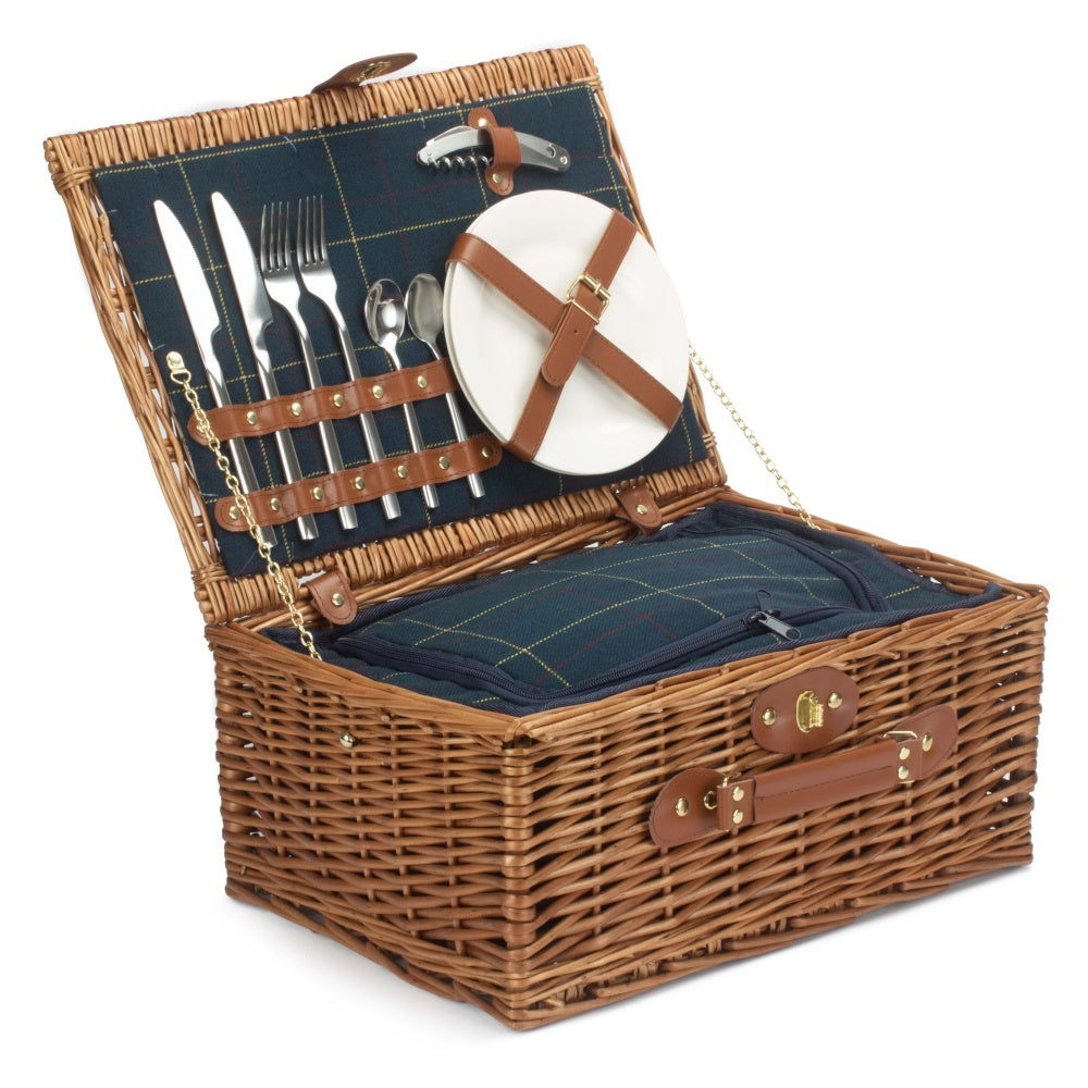Blue Tweed Fitted Wicker Picnic Basket-0