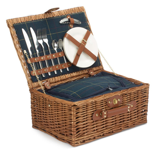 Blue Tweed Fitted Wicker Picnic Basket-0