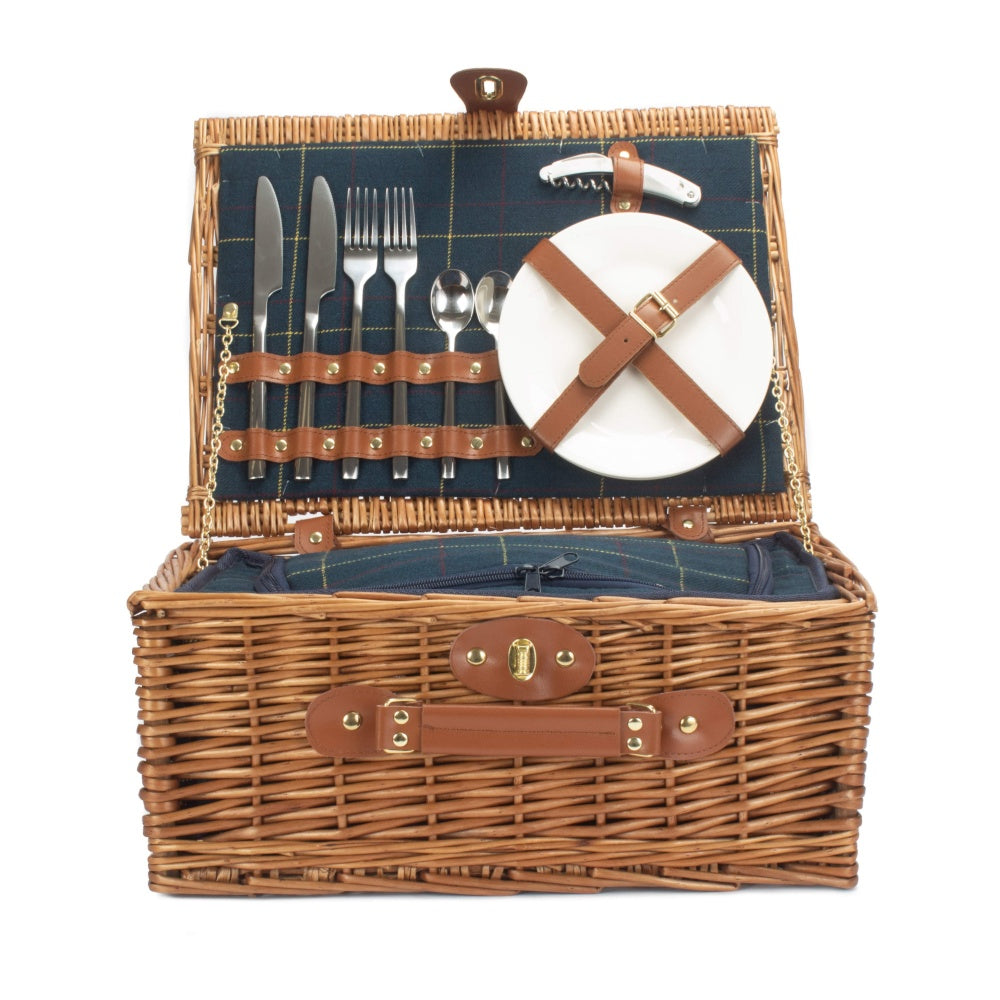 Blue Tweed Fitted Wicker Picnic Basket-3
