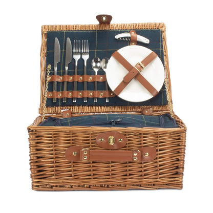 Blue Tweed Fitted Wicker Picnic Basket-3