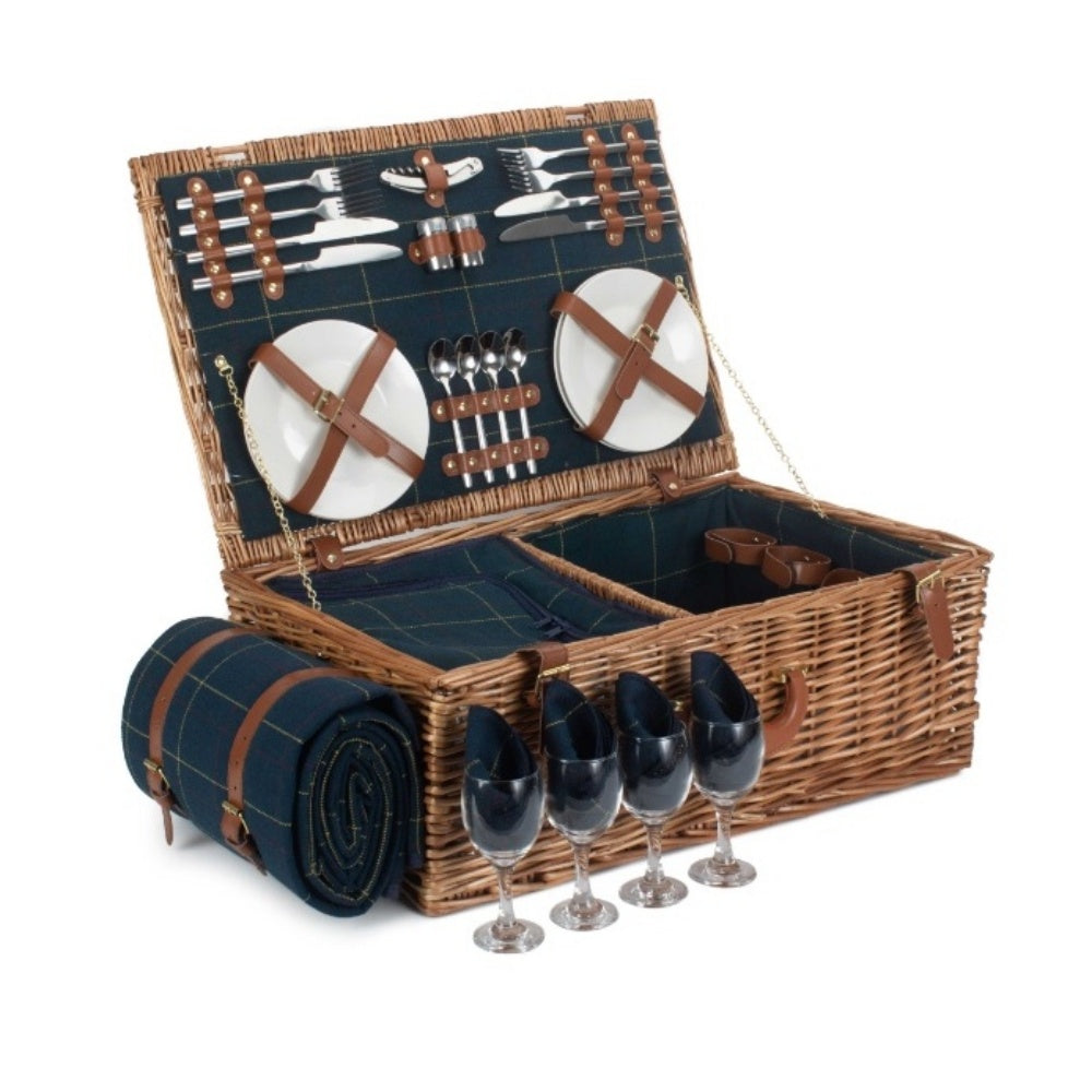 Blue Tweed Fitted Wicker Picnic Basket-4