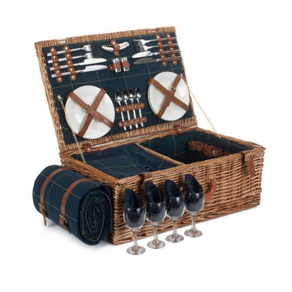 Blue Tweed Fitted Wicker Picnic Basket-4