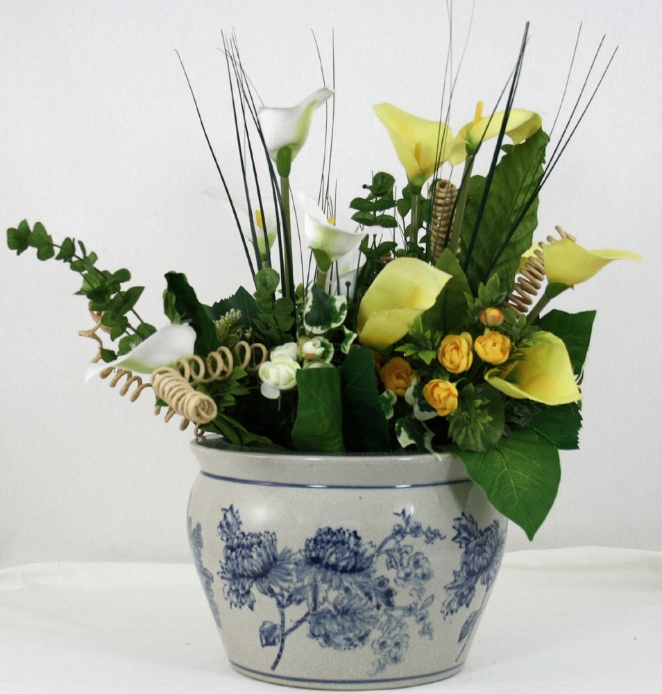 Ceramic Planter, Vintage Blue & White Magnolia Design-1