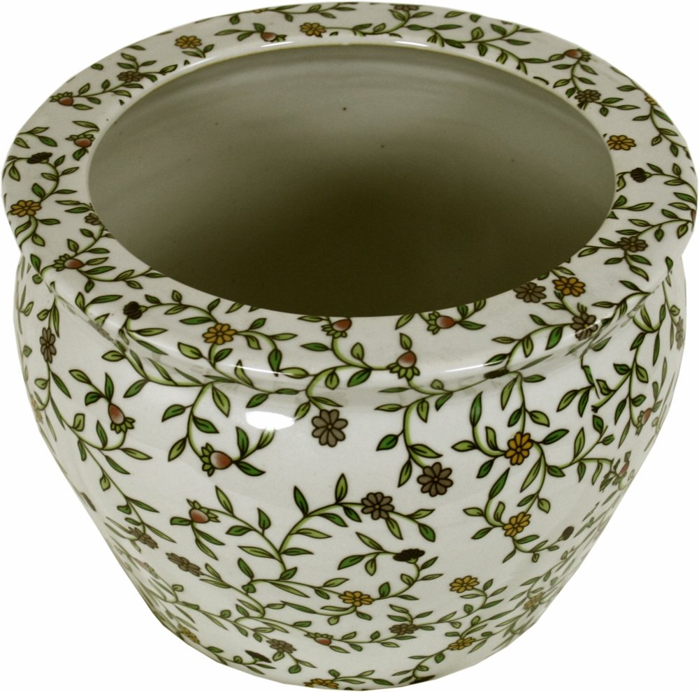 Ceramic Planter, Vintage Green & White Floral Design-1