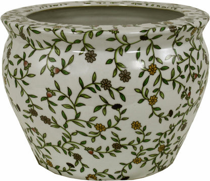 Ceramic Planter, Vintage Green & White Floral Design-0