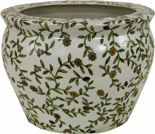 Ceramic Planter, Vintage Green & White Floral Design-0